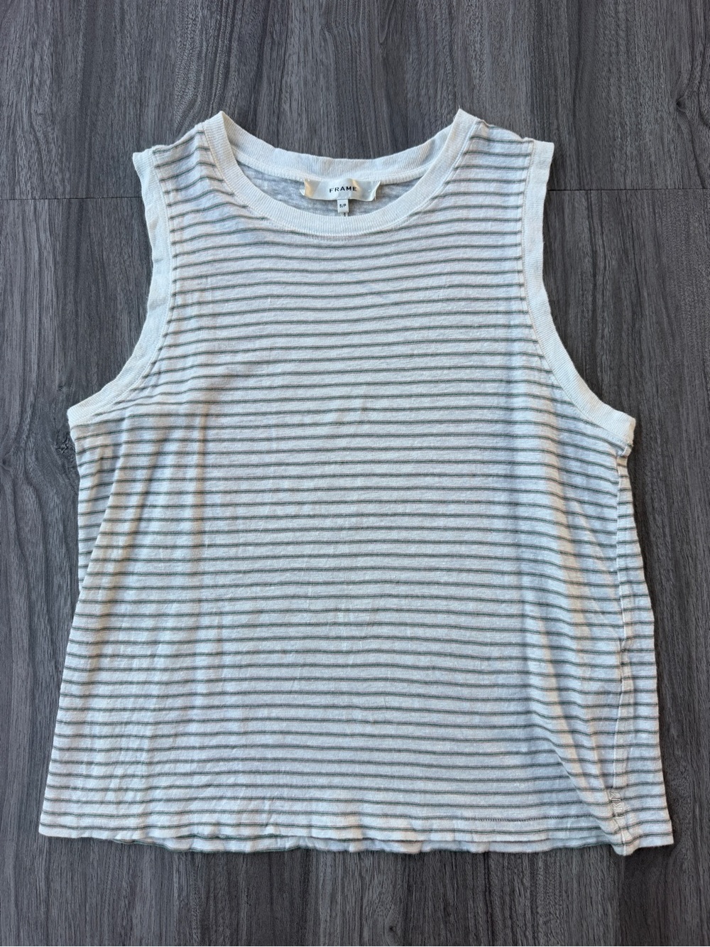 FRAME 100% Organic Linen Striped Muscle Tank Top White Green Size Small